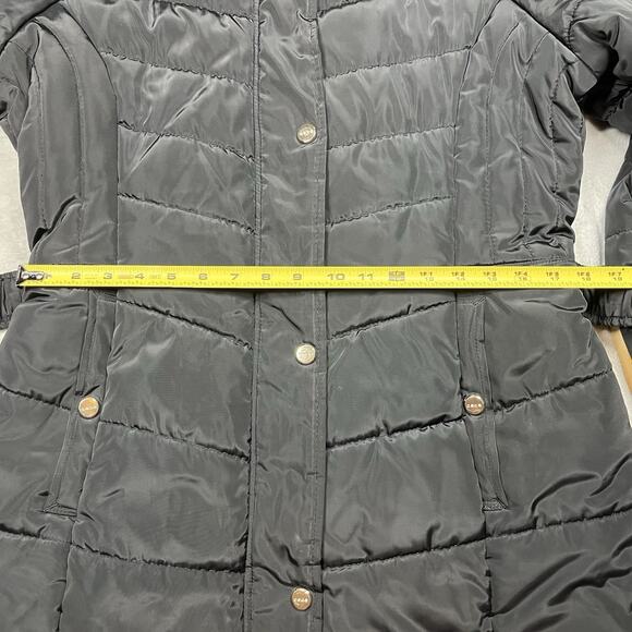 Bebe Long Black Puffer Coat Belted Gold Accents Womens L Double Zipper Hooded - Picture 12 of 16
